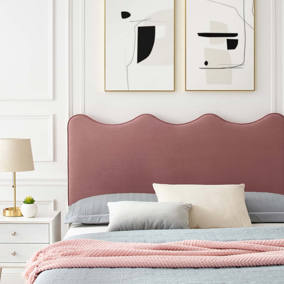 Queen platform bed in dusty rose velvet by Modway with bedding and pink throw, wall art on Tampa Home & Garden Store