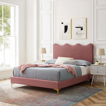 Current Performance Velvet Queen Platform Bed in dusty rose with gold legs and two wall pieces on Tampa Home & Garden Store