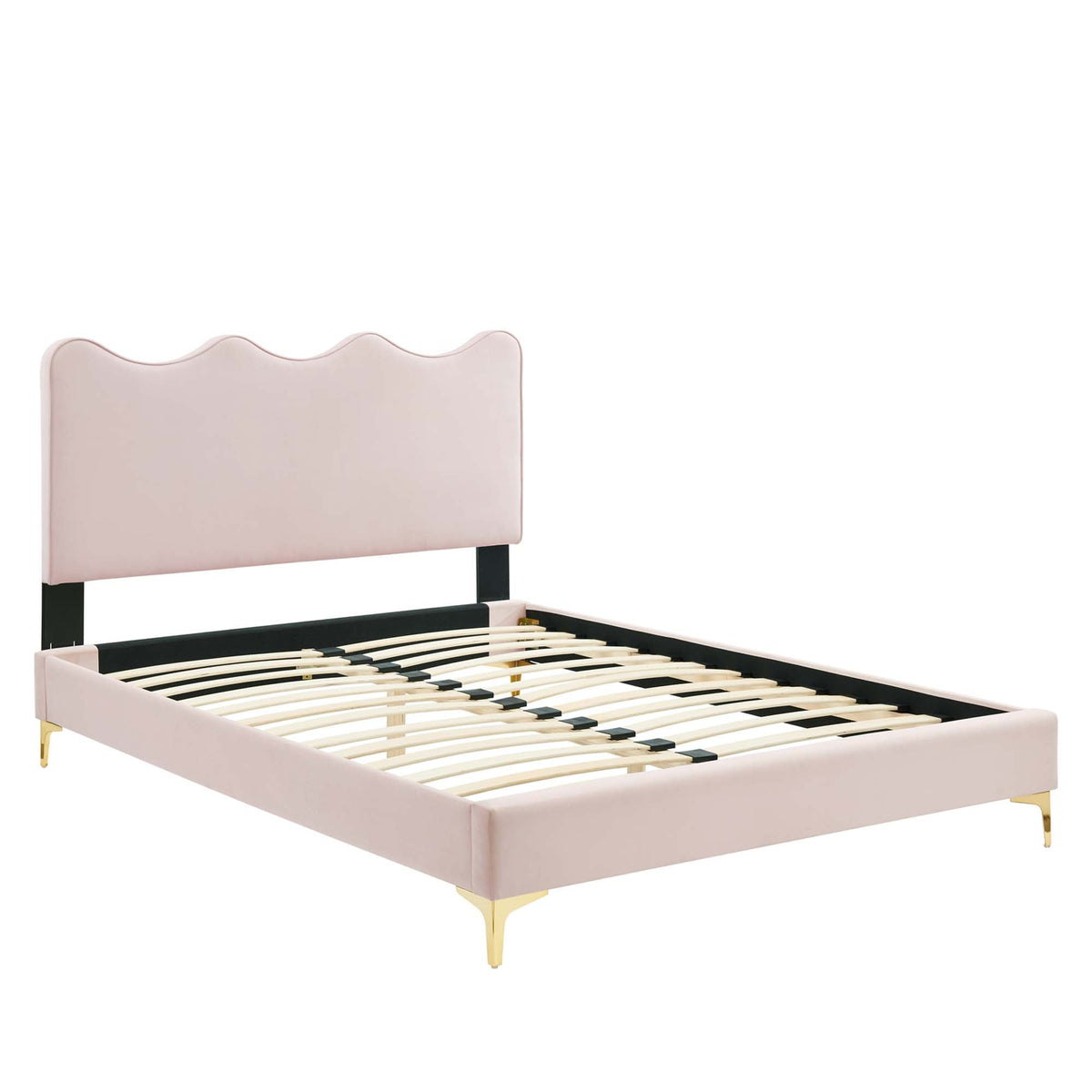 Queen platform bed in dusty rose velvet with scalloped headboard, black metal frame by Modway on Tampa Home & Garden Store