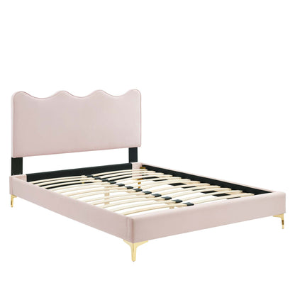 Queen platform bed in dusty rose velvet with scalloped headboard, black metal frame by Modway on Tampa Home & Garden Store