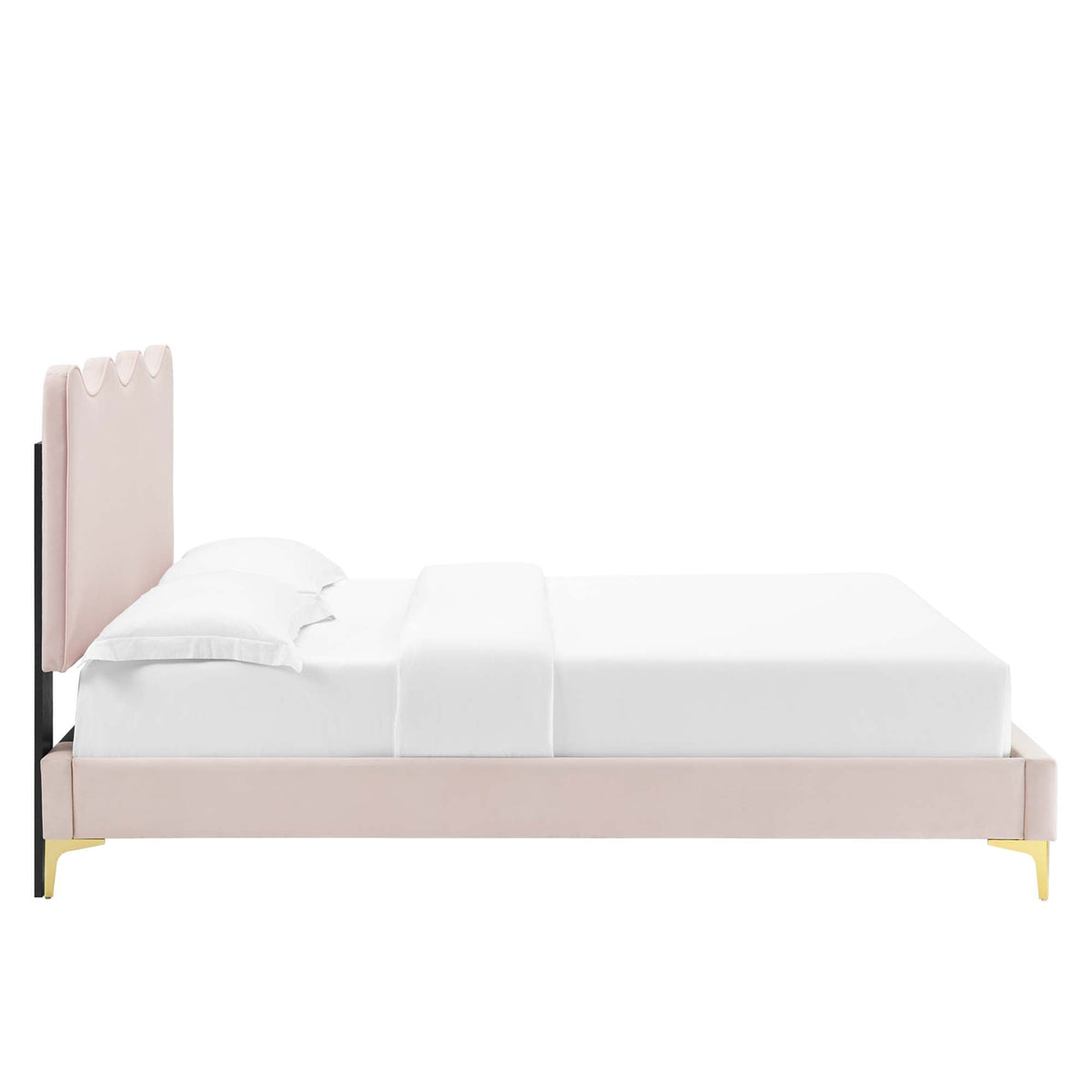Dusty rose velvet queen platform bed with white bedding on black metal frame on Tampa Home & Garden Store