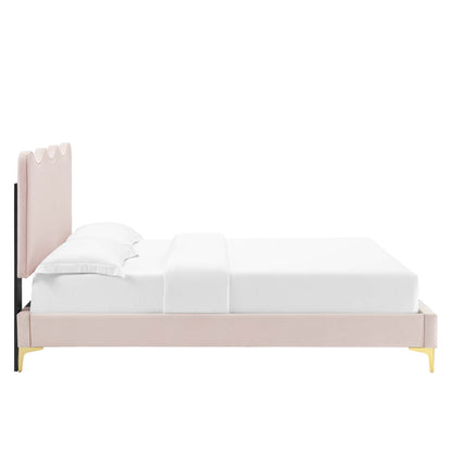 Dusty rose velvet queen platform bed with white bedding on black metal frame on Tampa Home & Garden Store