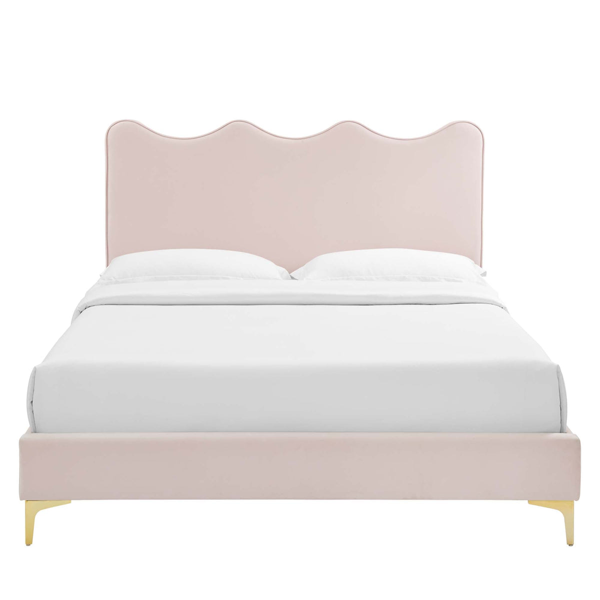 Current Performance Velvet Queen Platform Bed in dusty rose with white bedding and gold legs on Tampa Home & Garden Store