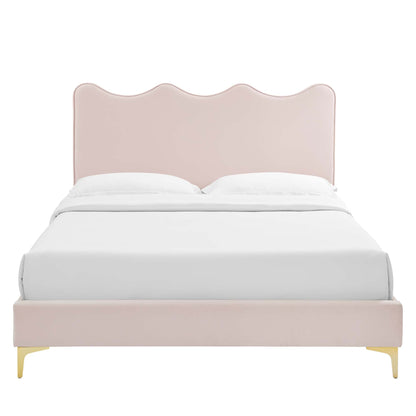 Current Performance Velvet Queen Platform Bed in dusty rose with white bedding and gold legs on Tampa Home & Garden Store