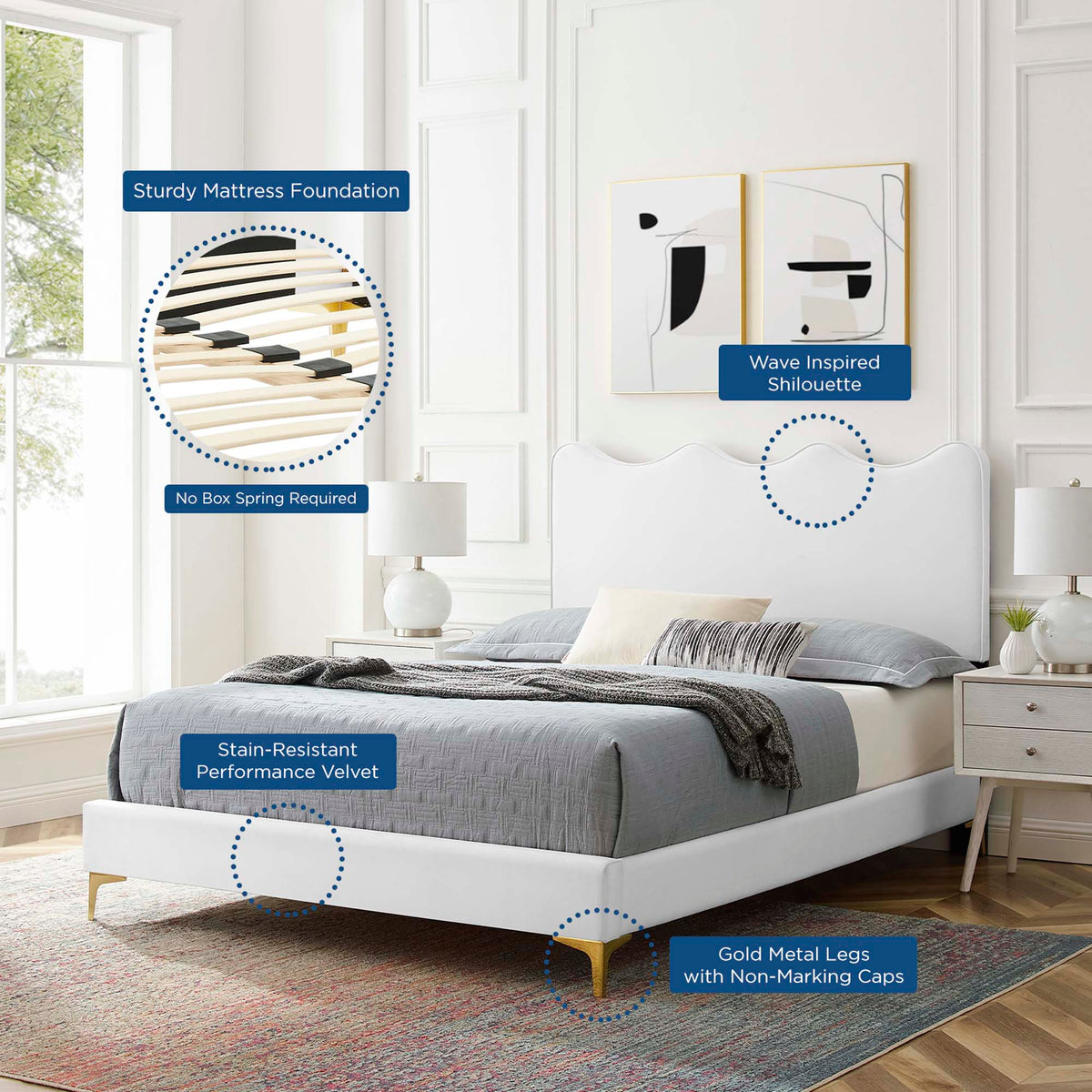 Modway Queen Platform Bed white with wave silhouette and gold legs on Tampa Home & Garden Store