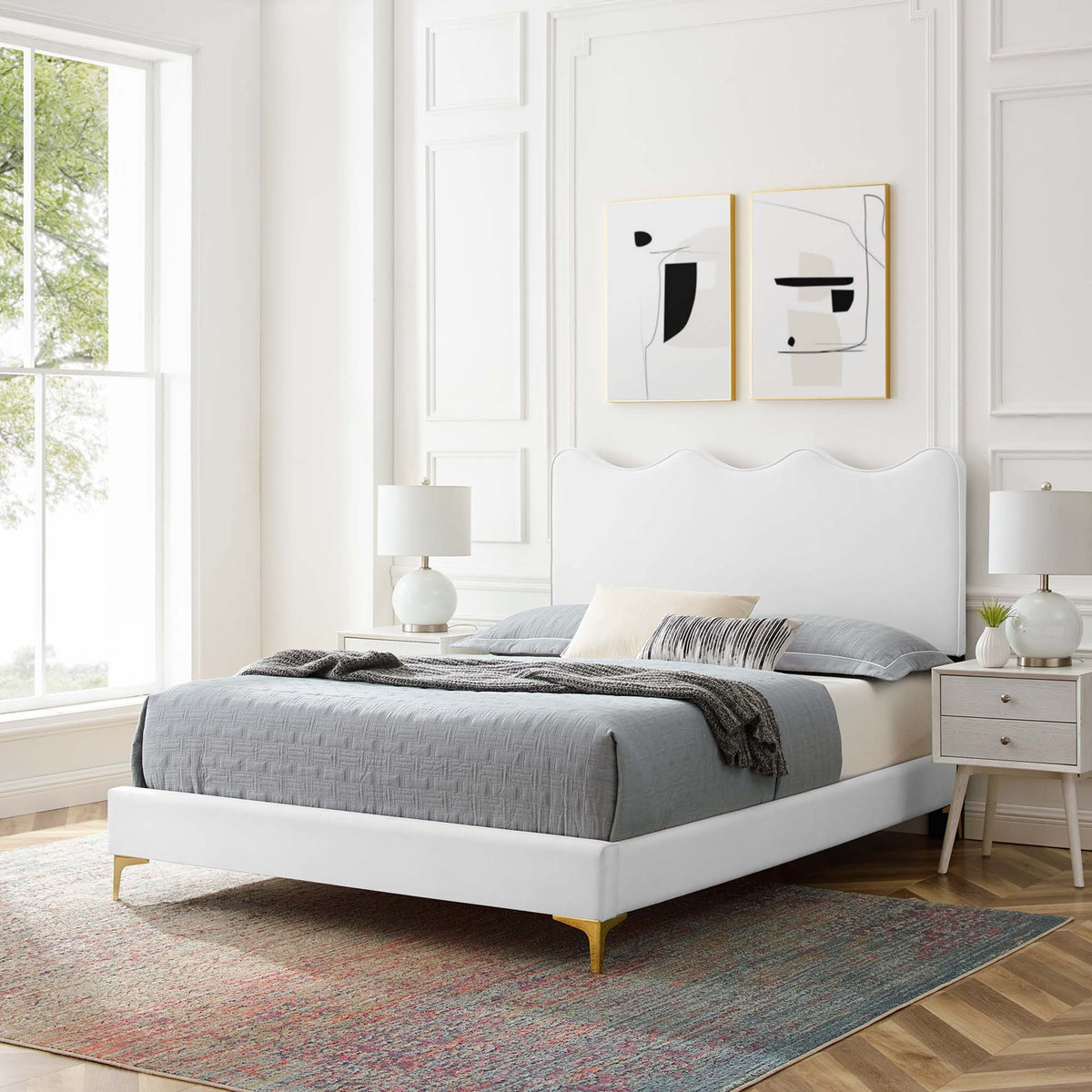 Current Performance Velvet Queen Platform Bed by Modway with white headboard in bedroom on Tampa Home & Garden Store