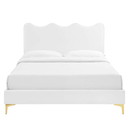 Modway Velvet Queen Platform Bed white upholstery with scalloped headboard and gold legs on Tampa Home & Garden Store