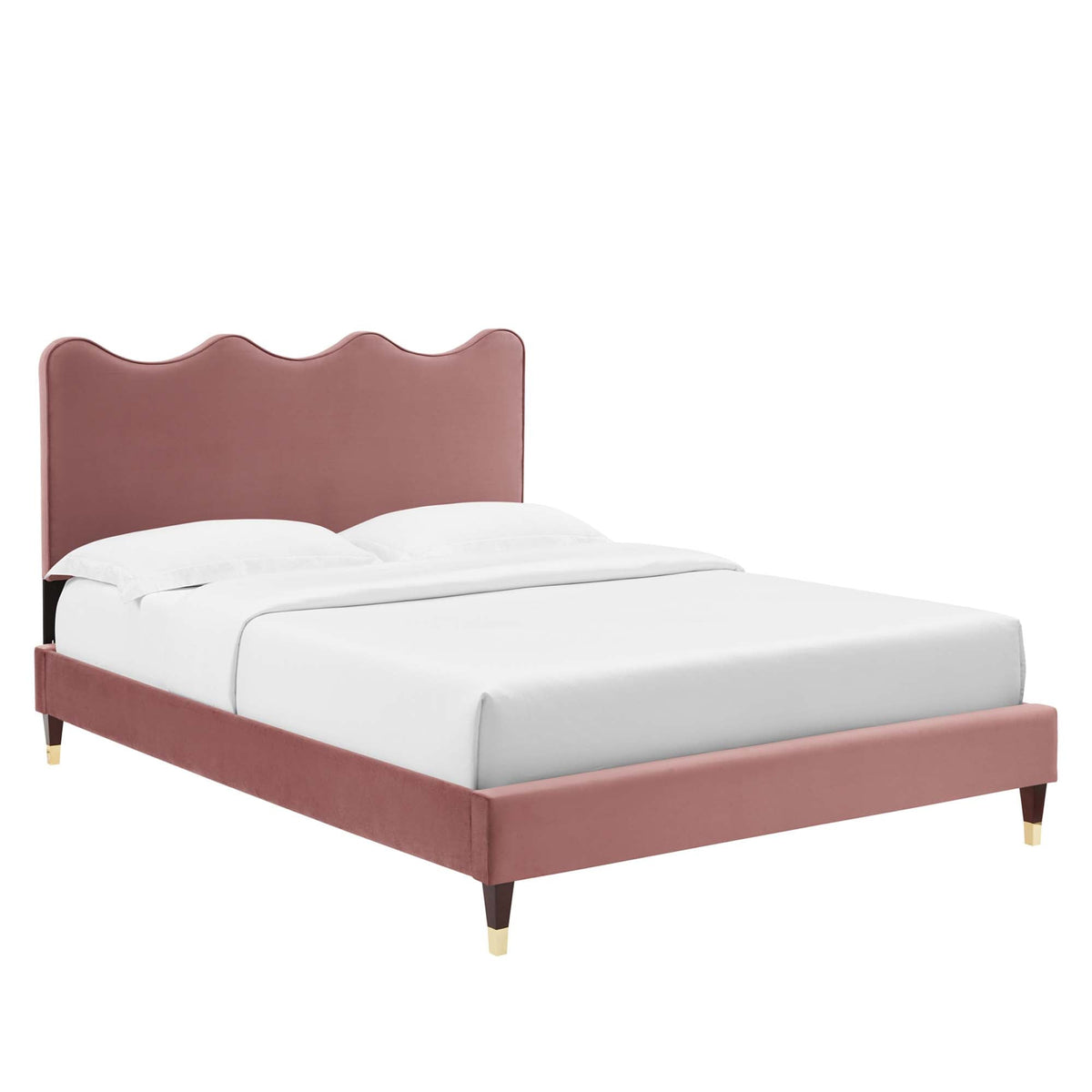 Queen platform bed in dusty rose velvet with white mattress and gold-tipped legs on Tampa Home & Garden Store