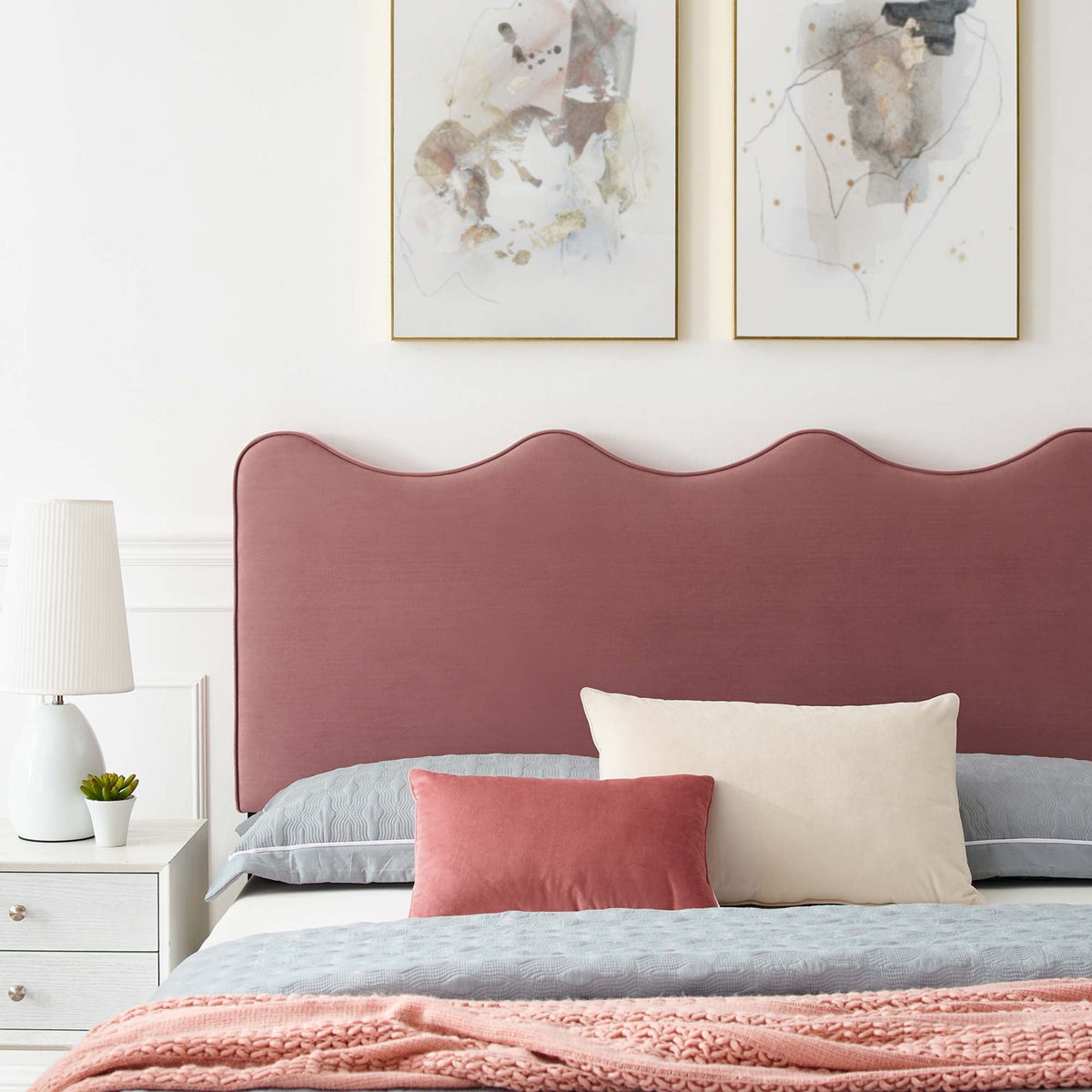 Current Performance Velvet Queen Platform Bed by Modway in Dusty Rose with white accents on Tampa Home & Garden Store