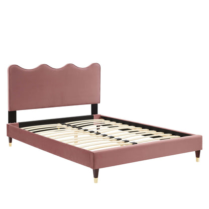 Performance Velvet Queen Platform Bed in dusty rose velvet with black frame on Tampa Home & Garden Store