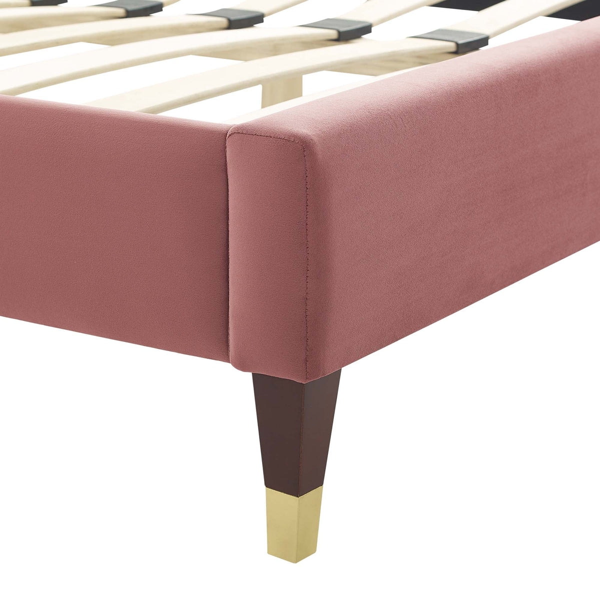Current Performance Velvet Queen Platform Bed dusty rose with dark wood legs on white frame on Tampa Home & Garden Store