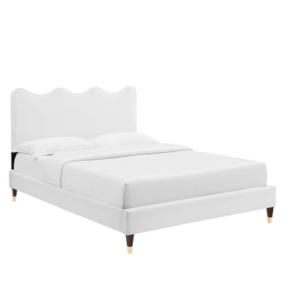 Queen velvet platform bed Modway in white with scalloped headboard and matching bed skirt on Tampa Home & Garden Store