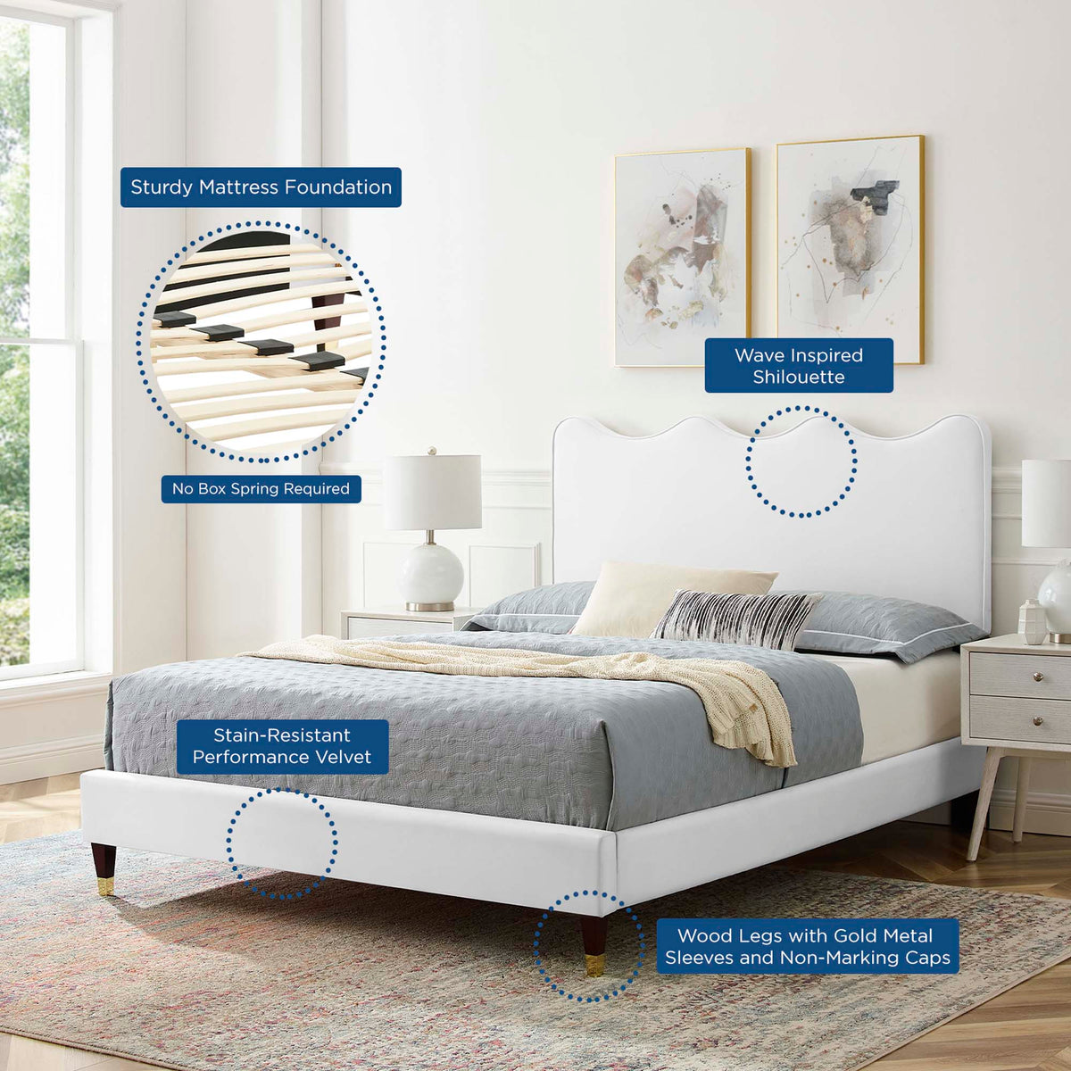 Current Performance Velvet Queen Platform Bed by Modway in dusty rose and white on Tampa Home & Garden Store