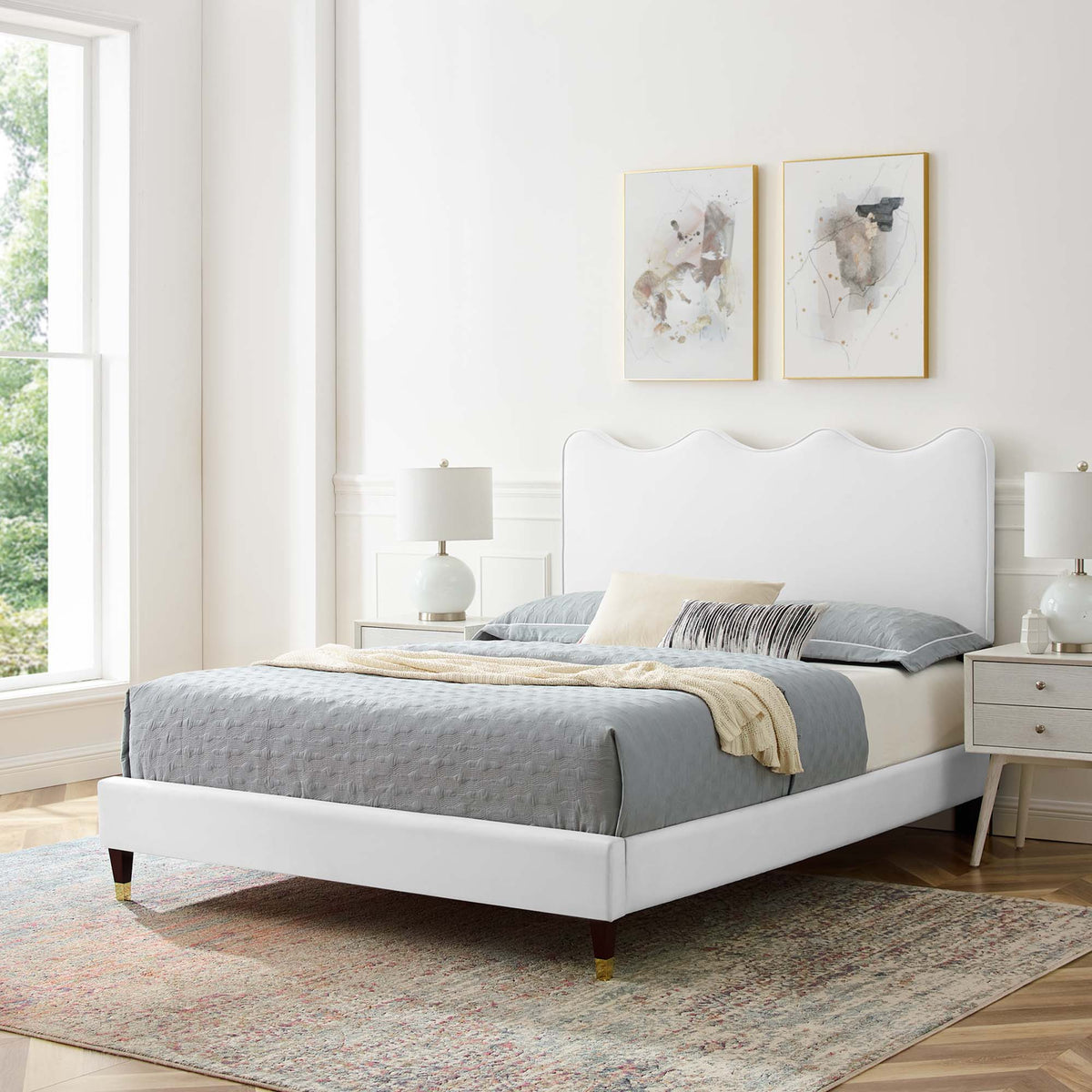 Current Velvet Queen Platform Bed by Modway in dusty rose & white, white frame in room on Tampa Home & Garden Store