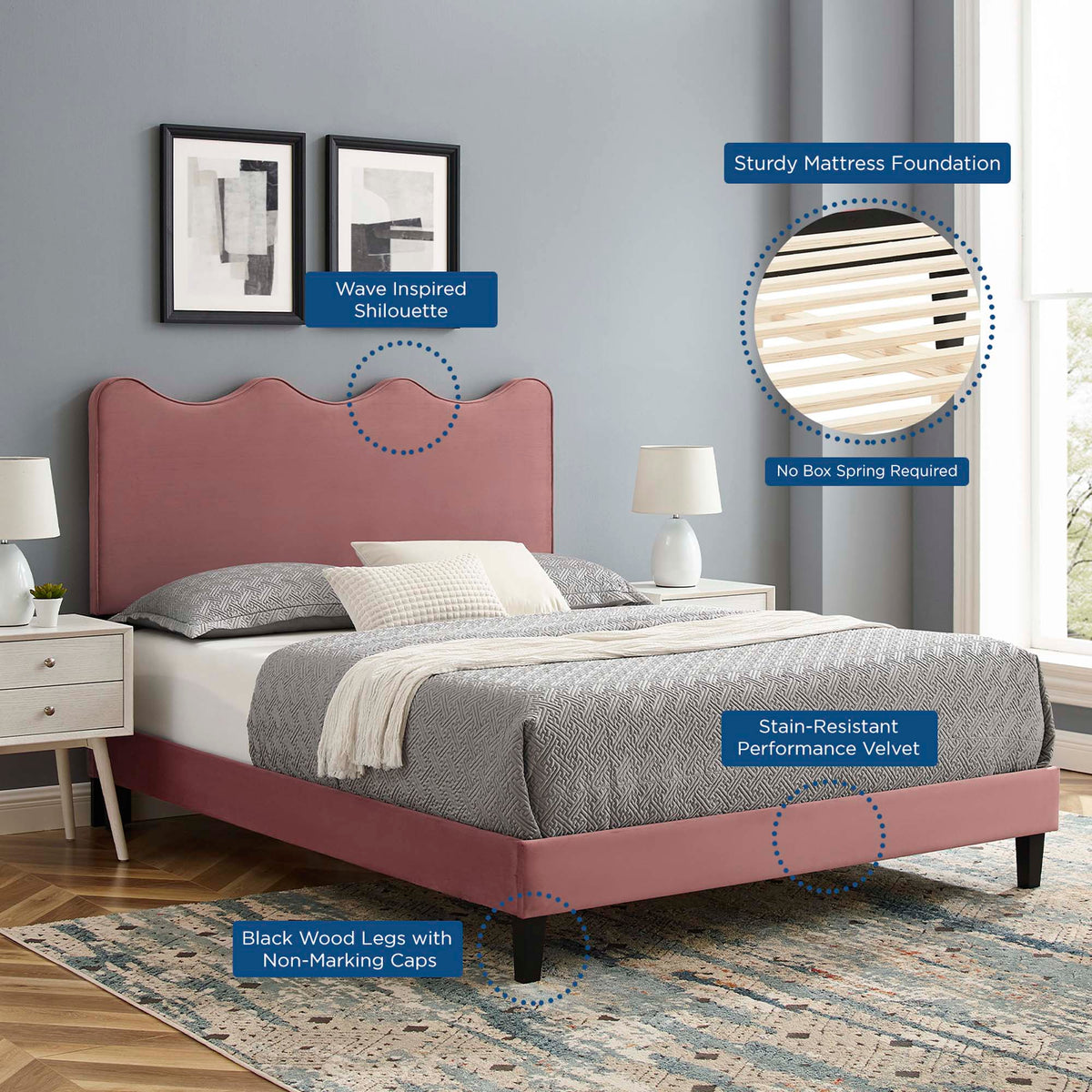 Current Performance Velvet Queen Platform Bed by Modway in dusty rose velvet on Tampa Home & Garden Store