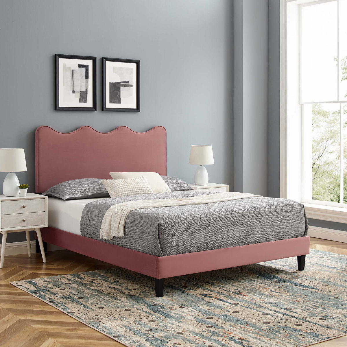 Current Performance Velvet Queen Platform Bed with dusty rose headboard and gray bedding on Tampa Home & Garden Store