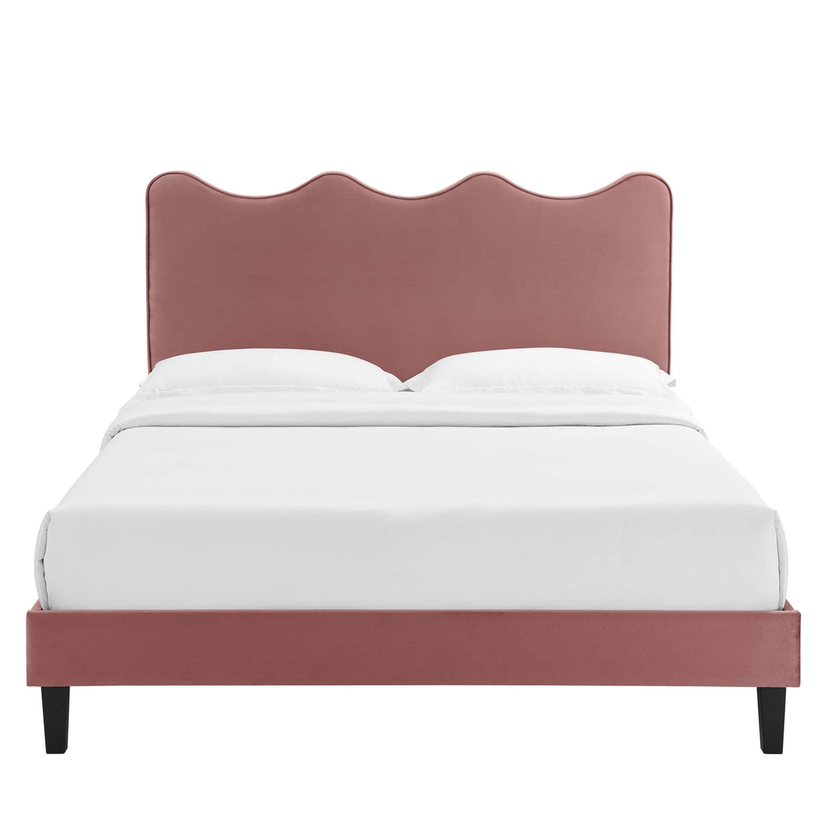 Queen platform bed with dusty rose velvet headboard and white bedding on black legs on Tampa Home & Garden Store
