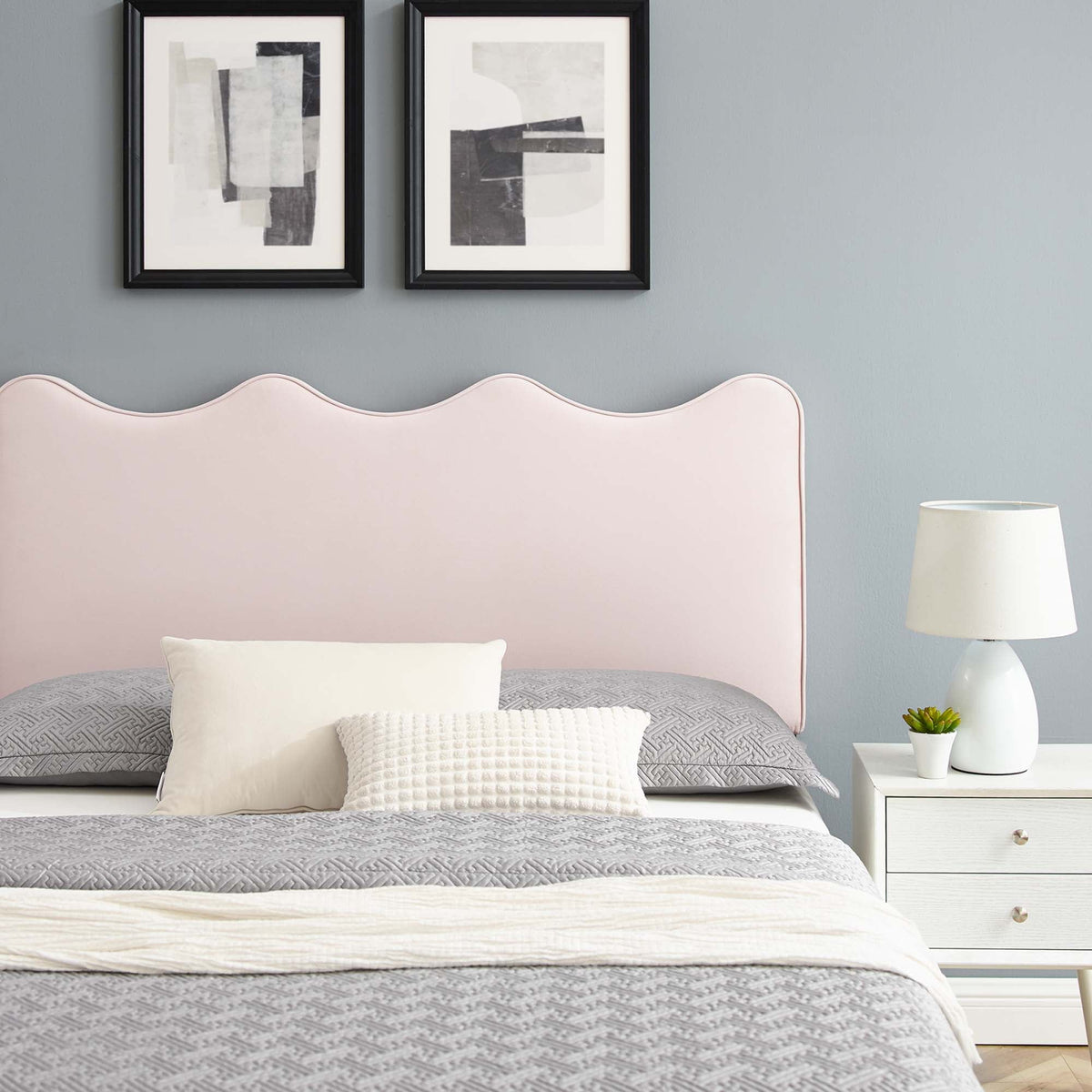 Current Performance Velvet Queen Platform Bed in dusty rose with pink headboard and gray bedding on Tampa Home & Garden Store