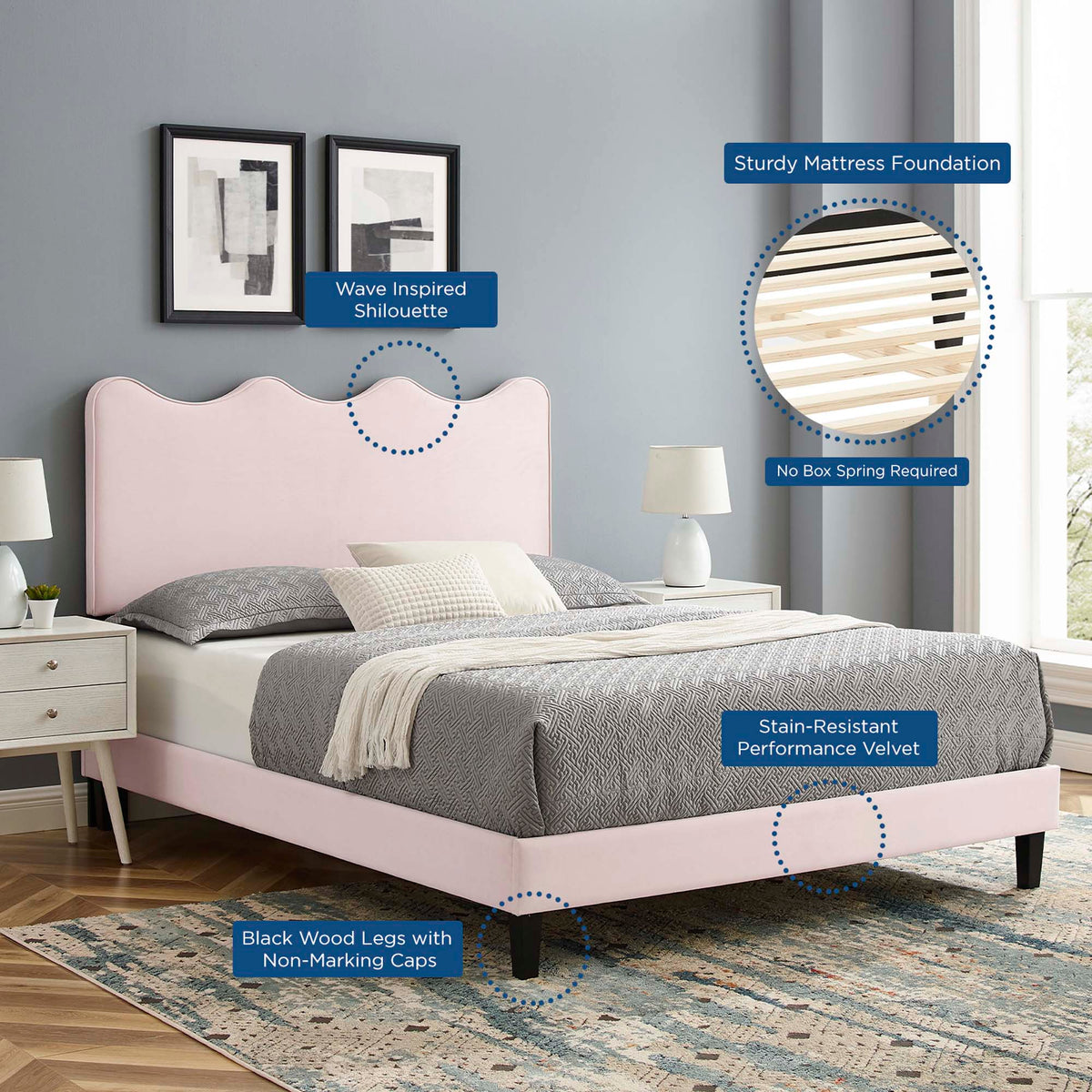 Performance Velvet Queen Platform Bed with dusty rose upholstery and pale pink bed skirt on Tampa Home & Garden Store
