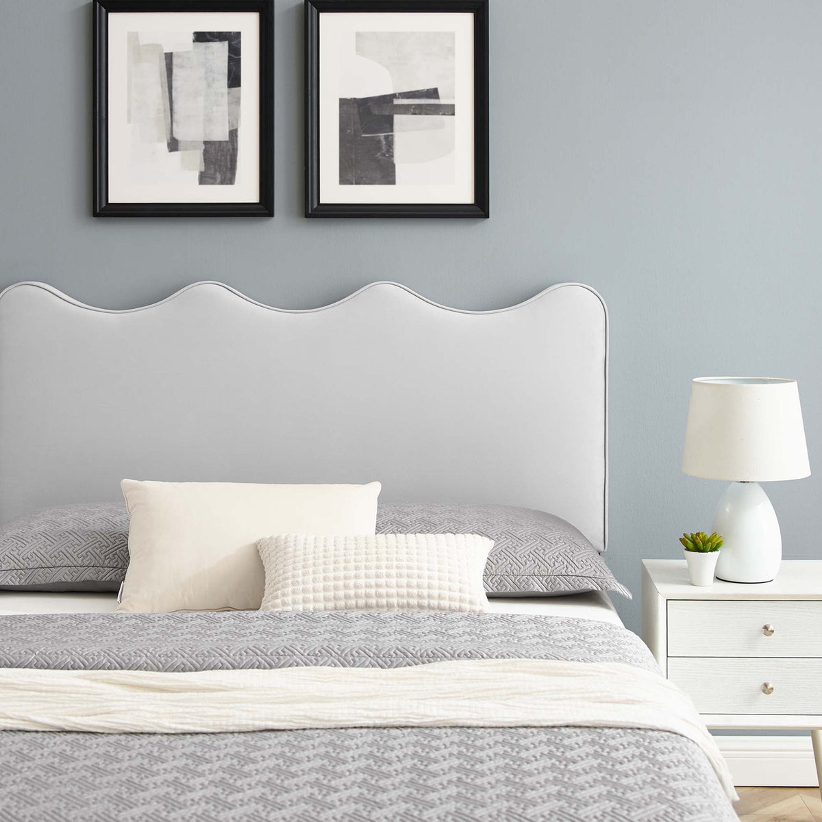 Current Performance Velvet King Platform Bed by Modway in light gray velvet with curved headboard on Tampa Home & Garden Store