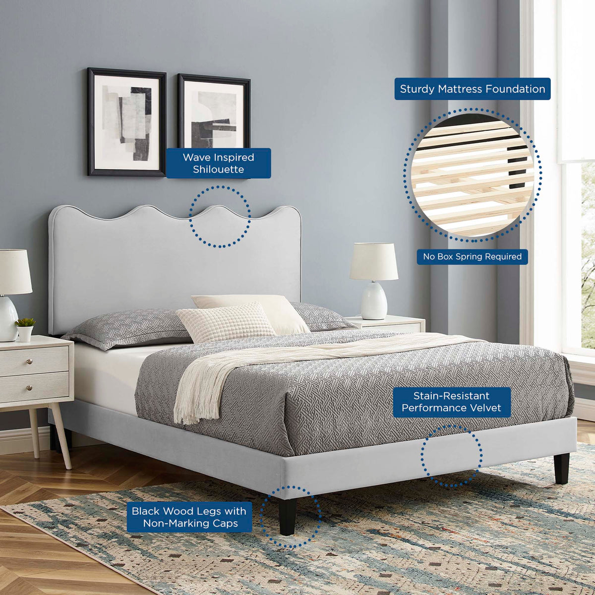 Current Performance Velvet King Platform Bed in grey velvet with wave silhouette headboard on Tampa Home & Garden Store