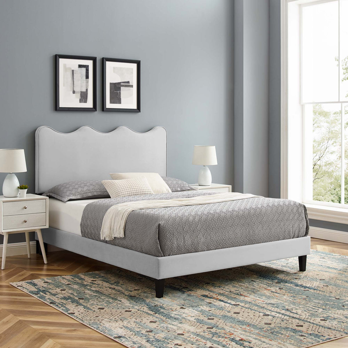 Current Performance Velvet King Platform Bed by Modway, gray velvet king bed in a modern bedroom on Tampa Home & Garden Store