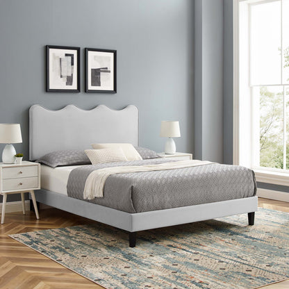 Current Performance Velvet King Platform Bed by Modway, gray velvet king bed in a modern bedroom on Tampa Home & Garden Store