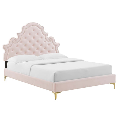 Gwyneth tufted performance velvet queen bed with blush pink headboard, pale pink bed skirt, gold legs on Tampa Home & Garden Store