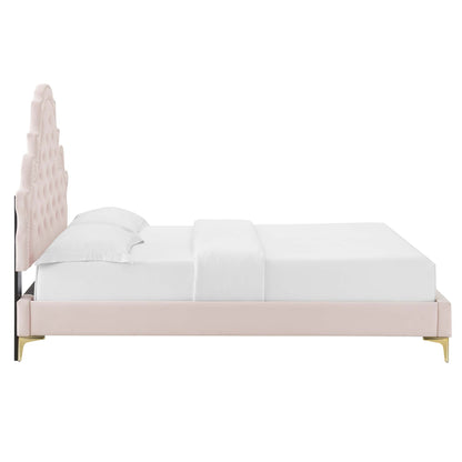 Gwyneth tufted performance velvet queen platform bed with blush pink headboard and gold legs on Tampa Home & Garden Store