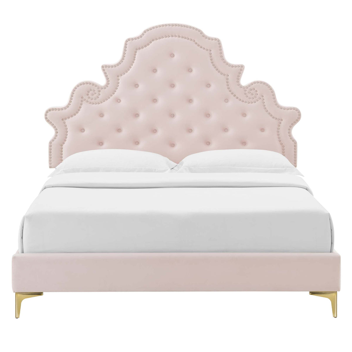 Gwyneth tufted velvet queen platform bed blush pink with nailhead trim and gold legs on Tampa Home & Garden Store