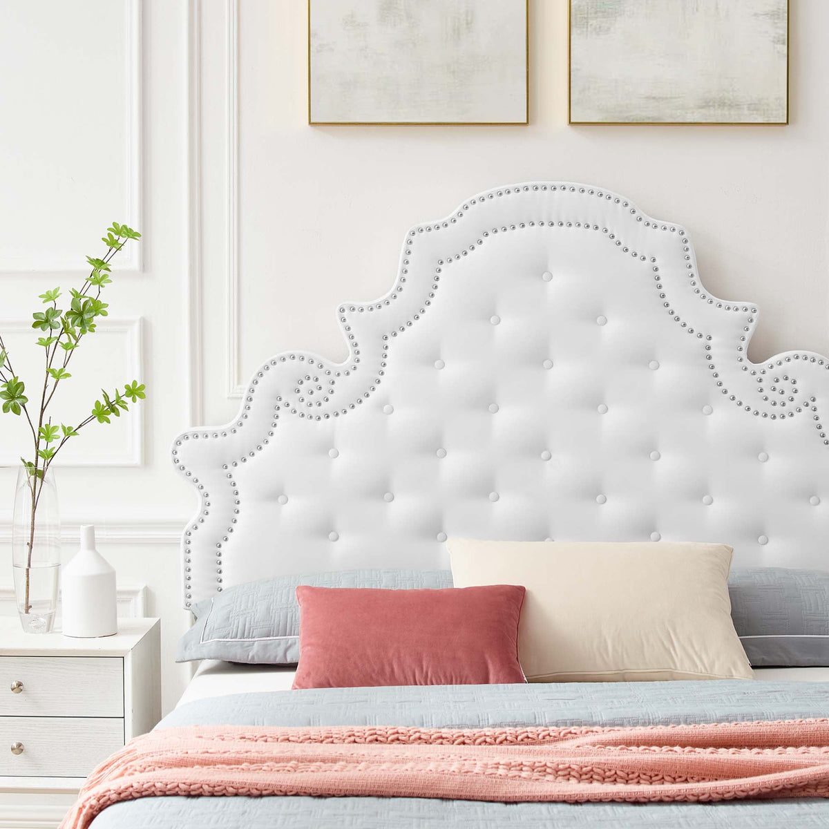 Gwyneth Tufted Velvet queen platform bed by Modway, upholstered headboard with nailhead trim on Tampa Home & Garden Store