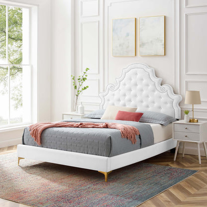 Gwyneth Tufted Velvet Queen Platform Bed by Modway with white tufted headboard and gold legs on Tampa Home & Garden Store
