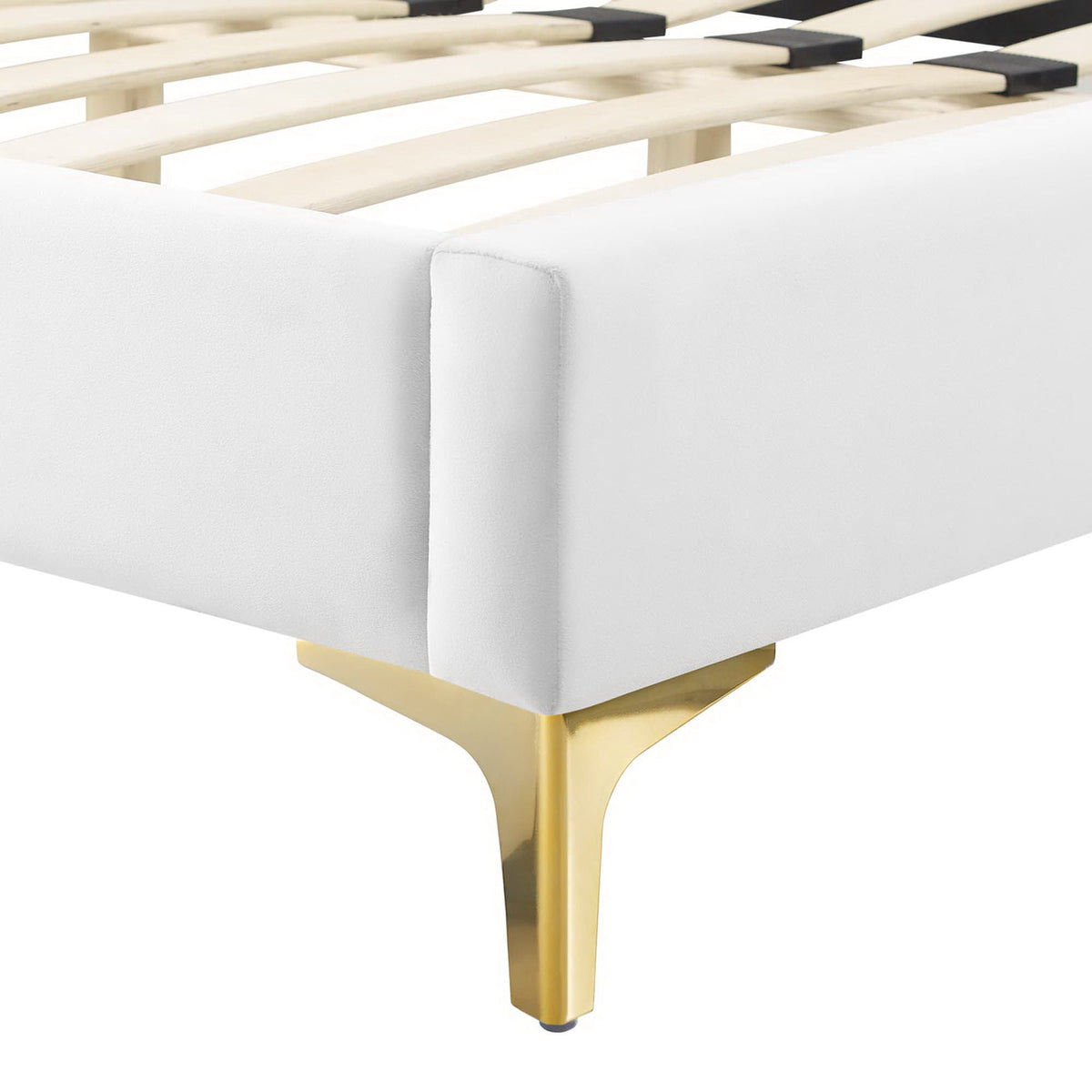 Gwyneth Tufted Performance Velvet Queen Platform Bed white upholstery with gold metal legs on Tampa Home & Garden Store