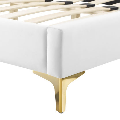 Gwyneth Tufted Performance Velvet Queen Platform Bed white upholstery with gold metal legs on Tampa Home & Garden Store