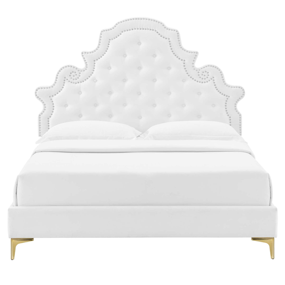 Gwyneth tufted white velvet queen bed by HouseOfZazla with nailhead trim on gold legs on Tampa Home & Garden Store