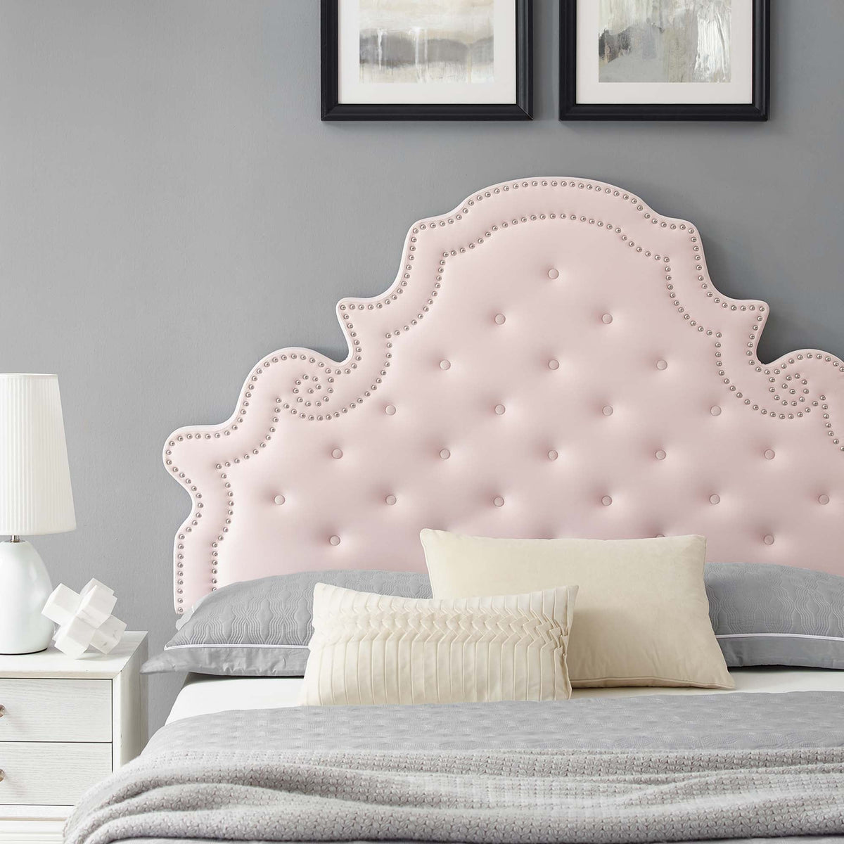 Gwyneth Tufted Velvet Queen Platform Bed in pale pink with nailhead trim by Modway MOD-6753 on Tampa Home & Garden Store