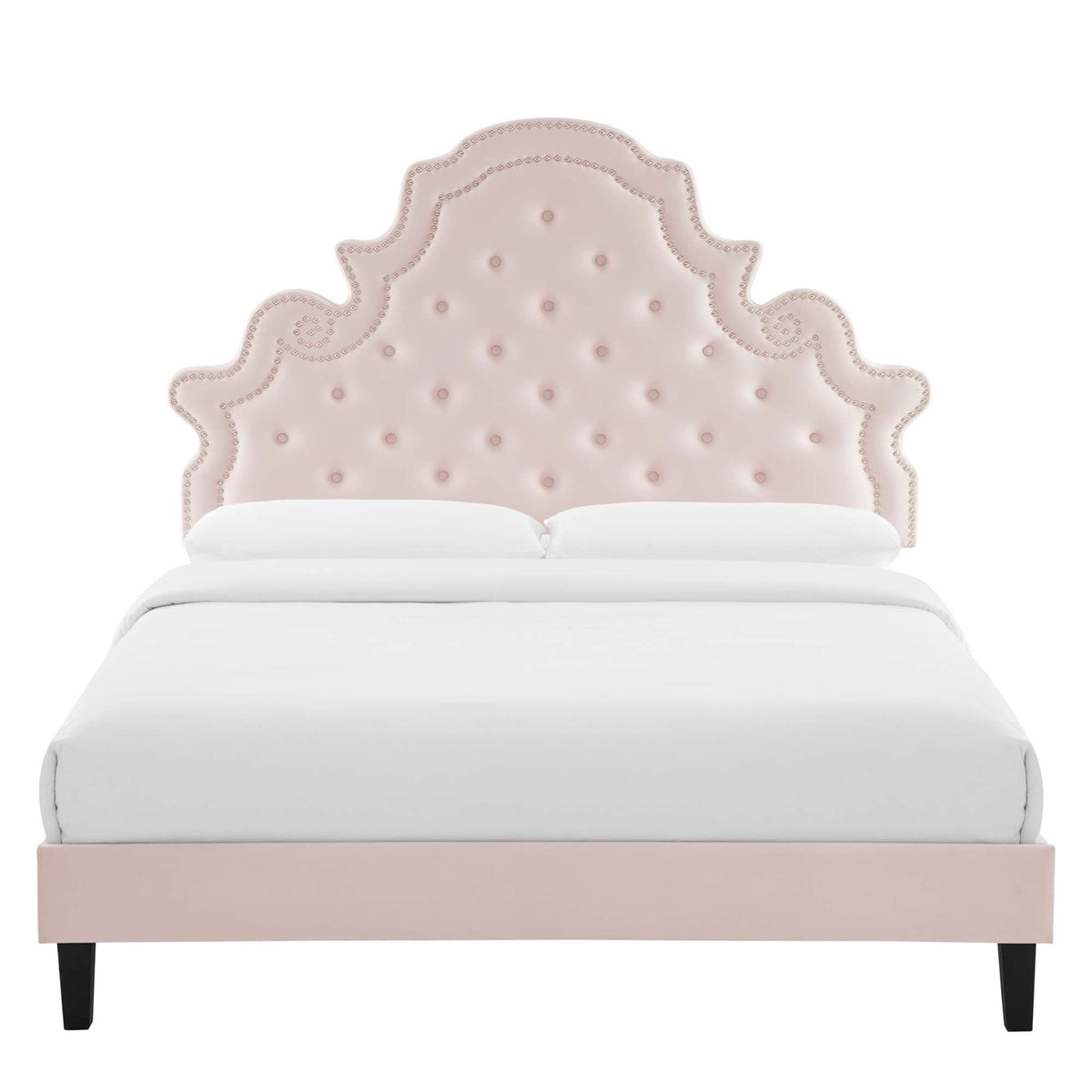 Gwyneth tufted velvet queen platform bed in pale pink with nailhead trim headboard on Tampa Home & Garden Store