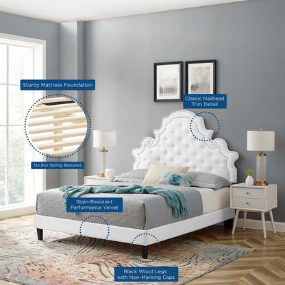 Gwyneth Tufted Performance Velvet Queen Platform Bed with white tufted headboard and black legs on Tampa Home & Garden Store