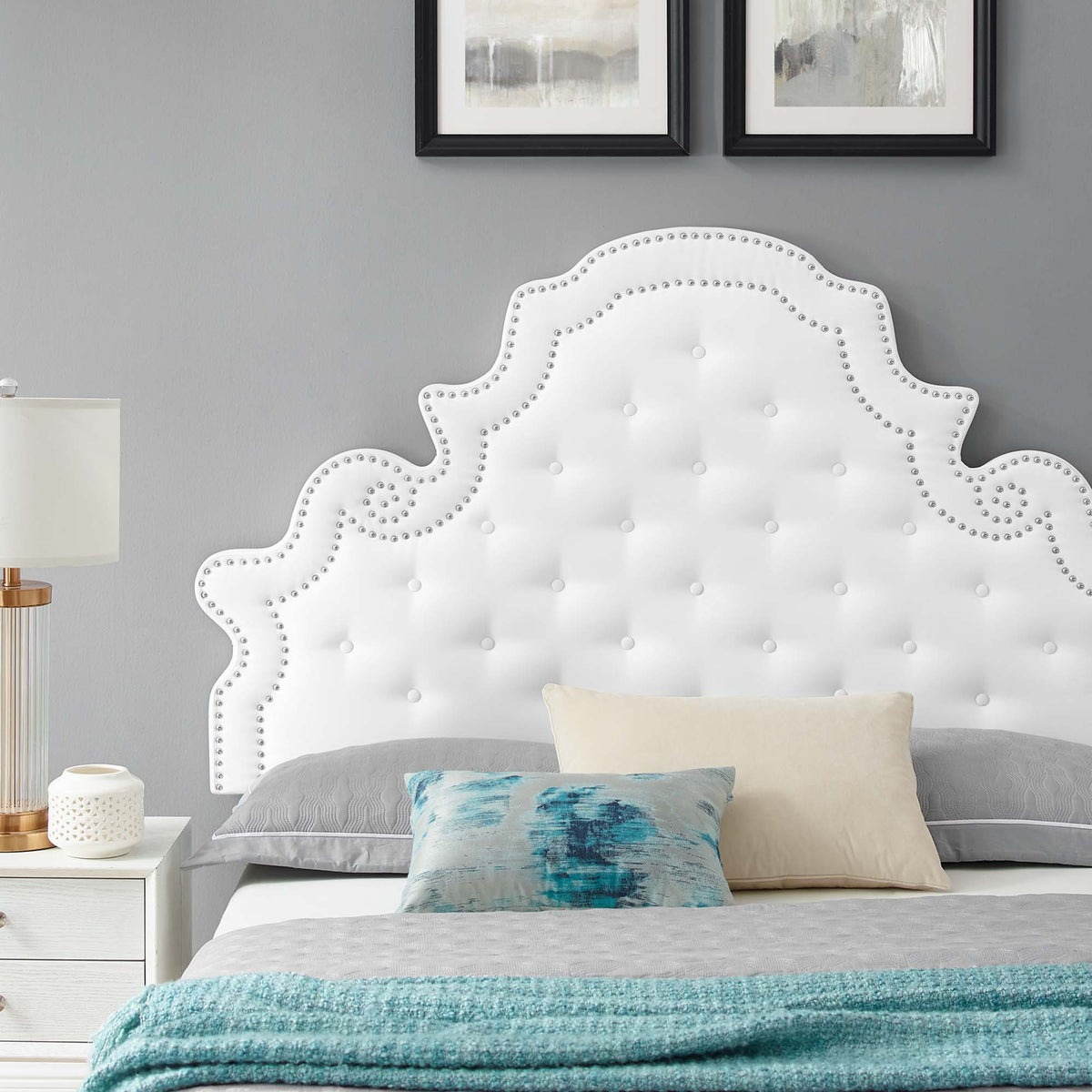 Gwyneth Tufted Velvet Twin Platform Bed white tufted headboard with nailhead trim on Tampa Home & Garden Store