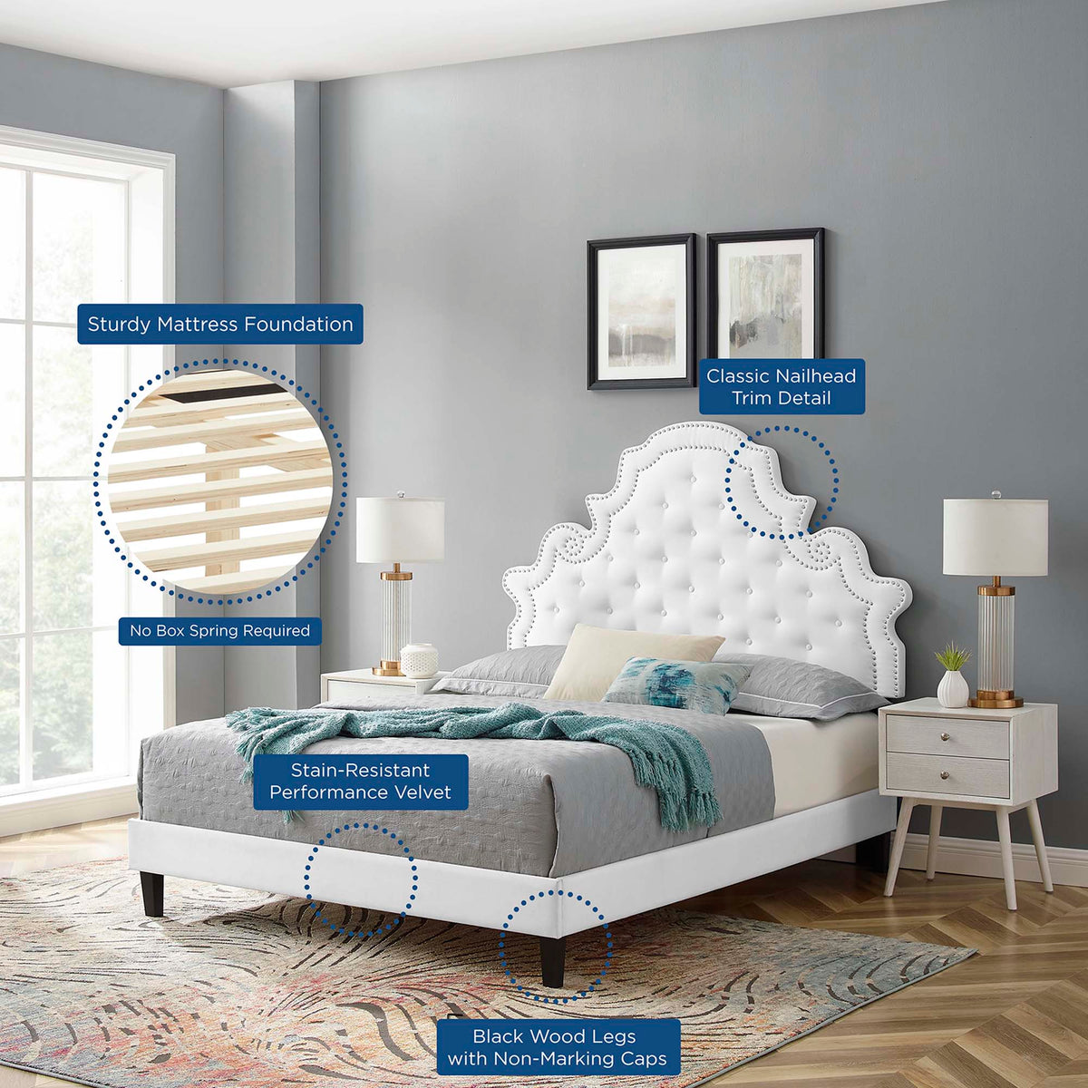 Gwyneth twin platform bed in white tufted velvet with nailhead trim and black legs by Modway on Tampa Home & Garden Store