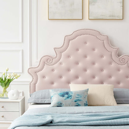 Gwyneth tufted velvet full platform bed with blush headboard and nailhead trim on Tampa Home & Garden Store