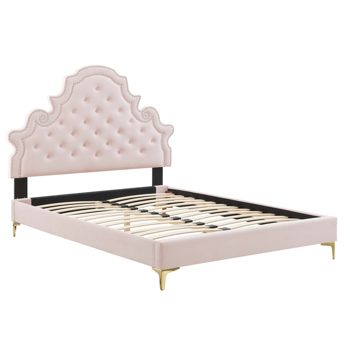 Gwyneth tufted velvet full platform bed in pale blush with scalloped headboard and nailhead trim on Tampa Home & Garden Store
