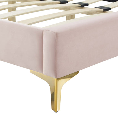Gwyneth Tufted Performance Velvet Full Platform Bed in blush pink with gold legs on Tampa Home & Garden Store