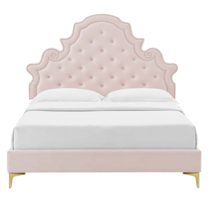 Gwyneth full platform bed in blush pink tufted velvet with nailhead trim headboard on Tampa Home & Garden Store