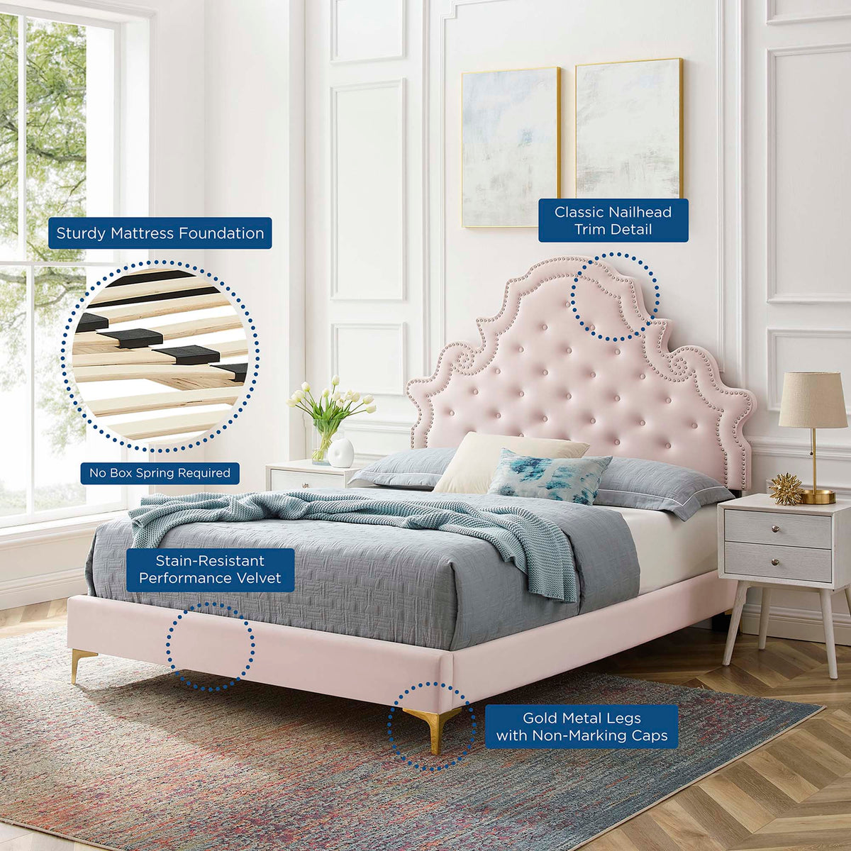 Gwyneth Tufted Performance Velvet Full Platform Bed by Modway in pink with gold legs on Tampa Home & Garden Store