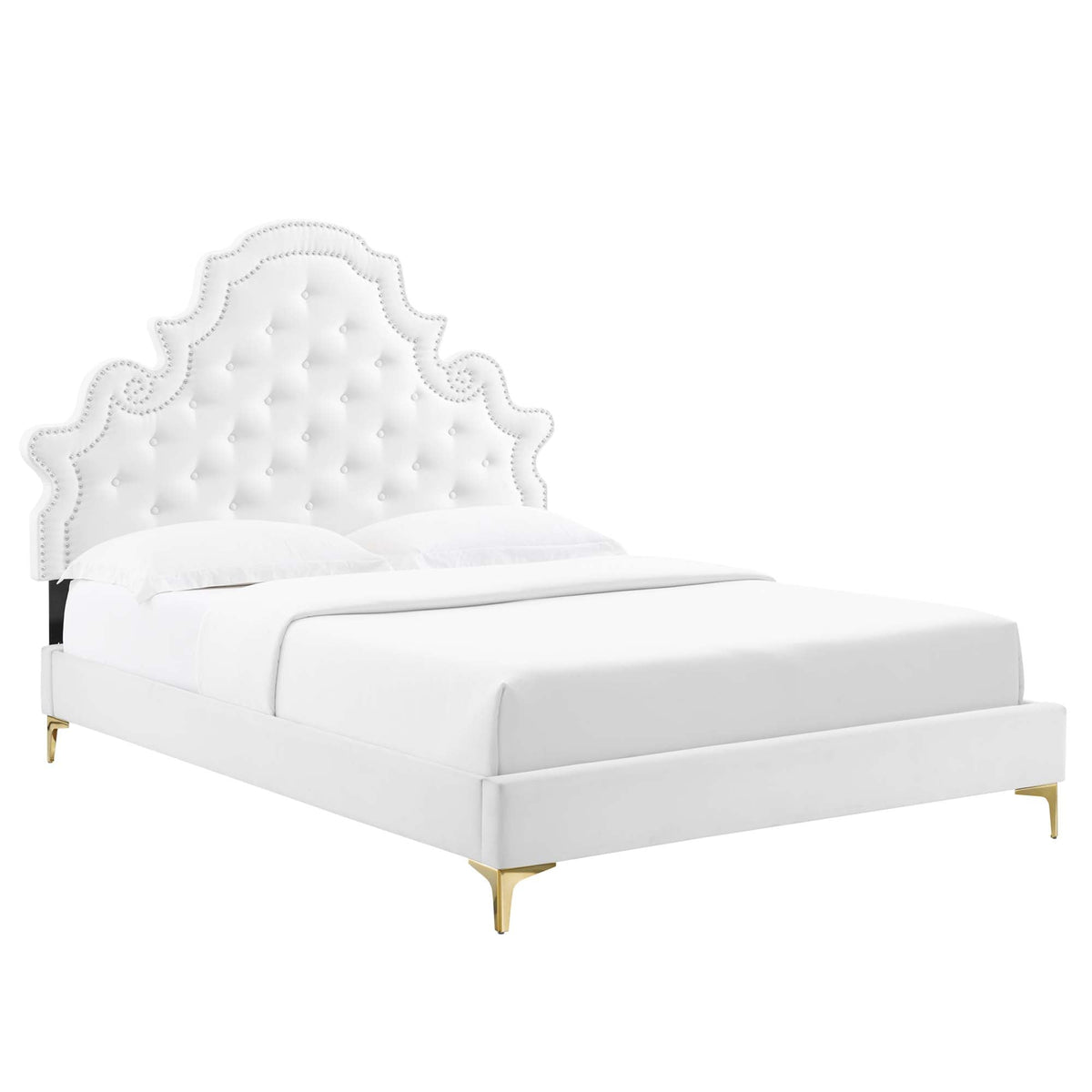 Gwyneth tufted velvet full platform bed with white headboard, gold legs by Modway on Tampa Home & Garden Store