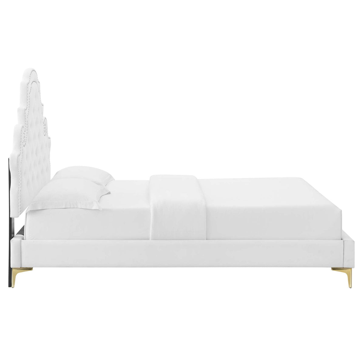 Gwyneth Tufted Performance Velvet Full Platform Bed with white tufted headboard and brass legs on Tampa Home & Garden Store