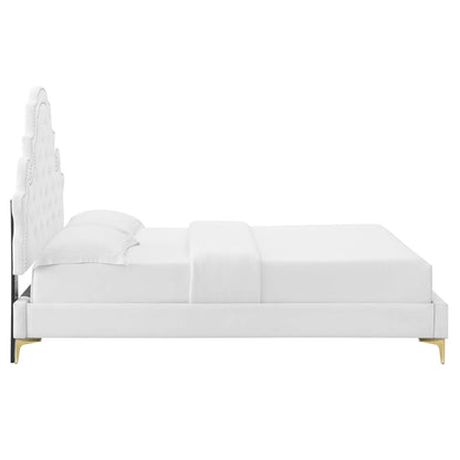 Gwyneth Tufted Performance Velvet Full Platform Bed with white tufted headboard and brass legs on Tampa Home & Garden Store