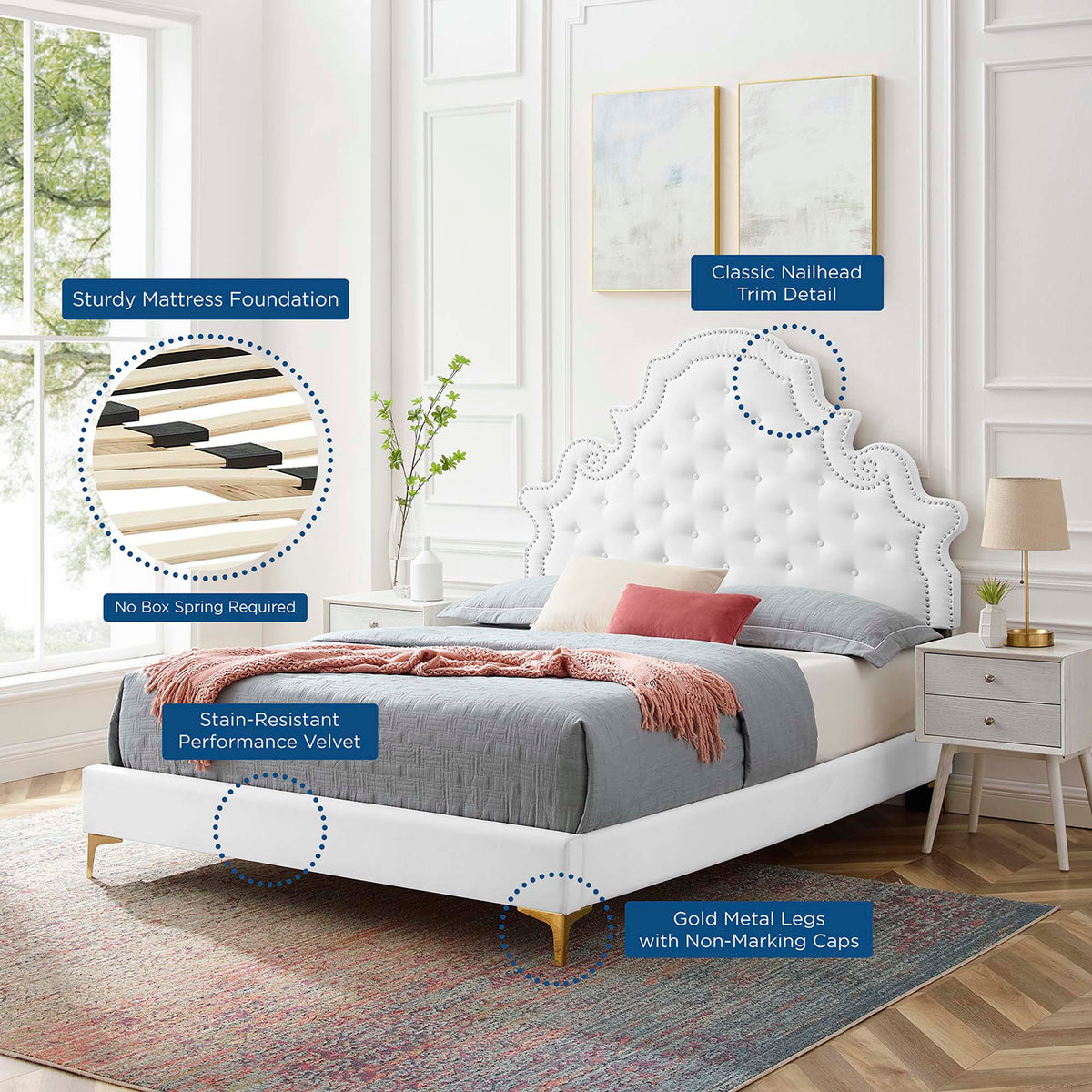 Gwyneth Tufted Performance Velvet Full Platform Bed with white headboard and gold legs on Tampa Home & Garden Store