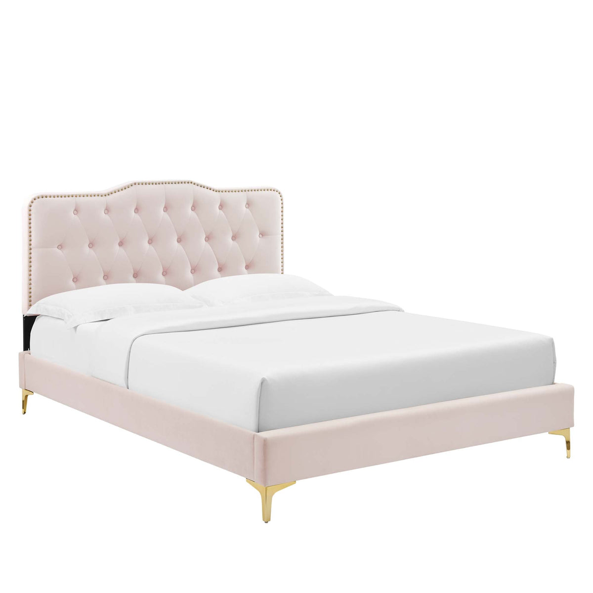 Amber Tufted Velvet Platform Bed with blush pink headboard and gold legs by HouseOfZazla on Tampa Home & Garden Store